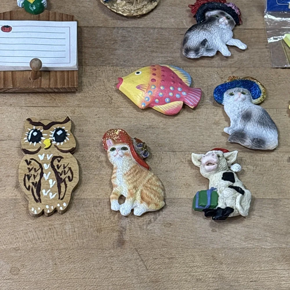 Lot of 16 Vintage Fridge Magnets MCM Farmhouse Cottagecore Owl Angel Cat Fish
